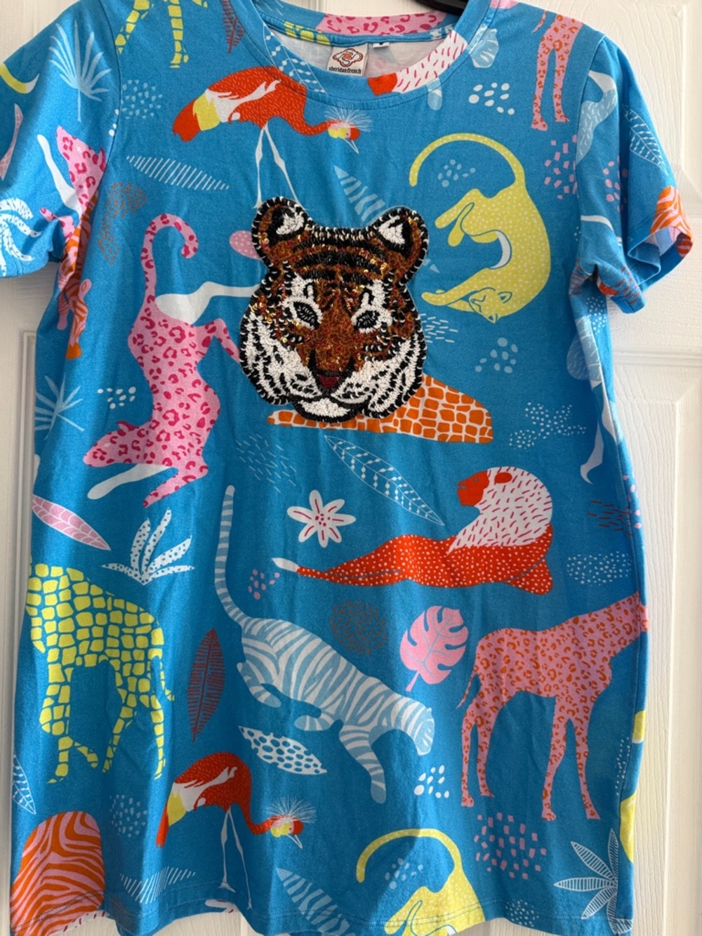 Blue Animal Print Short Sleeve Tee with Tiger Applique